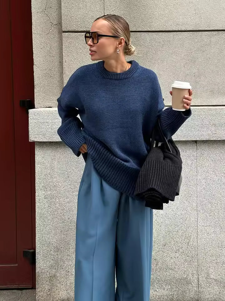 Women’s Oversized Sweater – Knit Wool Blend – Longline – Wide Crew Neck – Side Slits