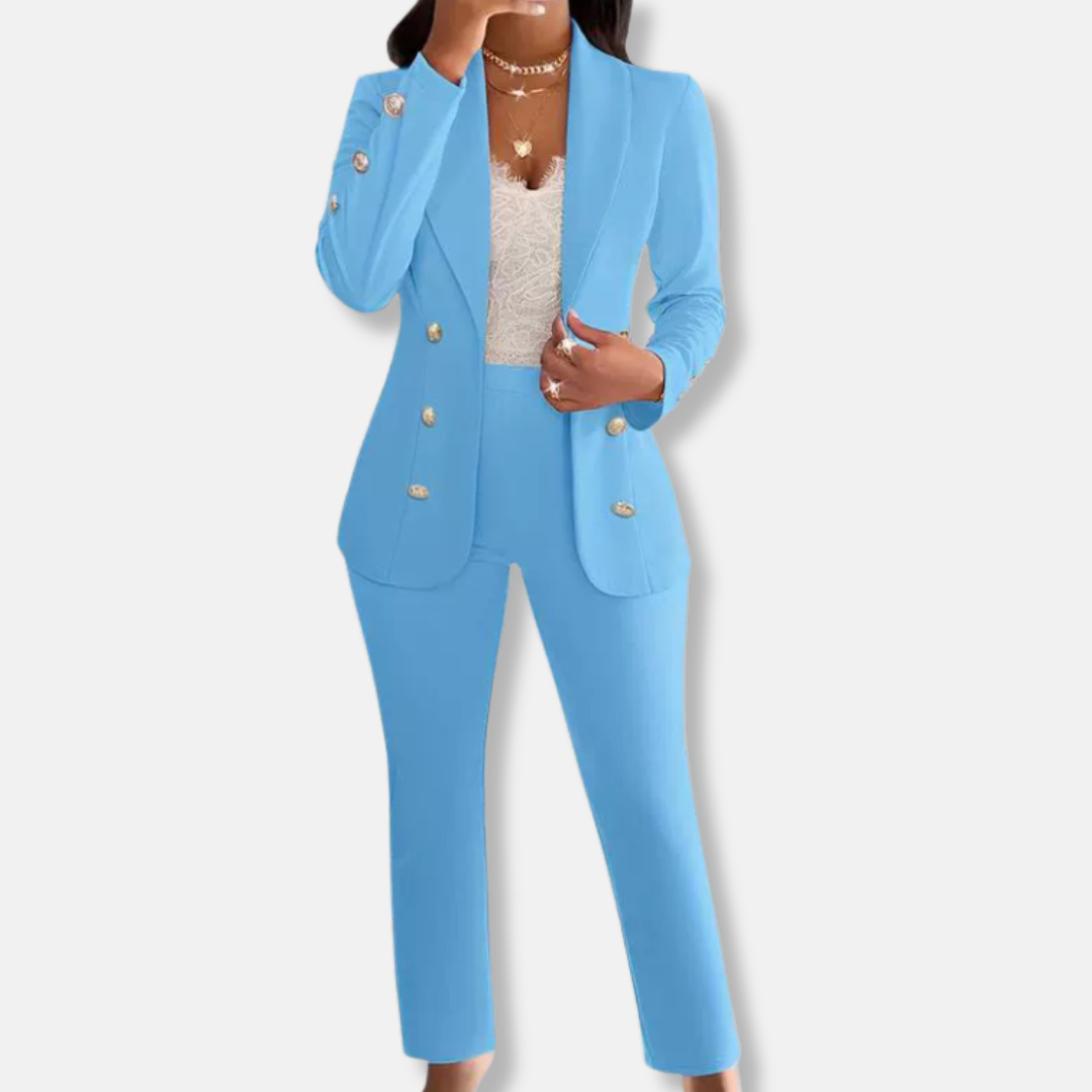 Women’s Pants Set – Slim Fit Tailored Blazer – Double-Breasted – Straight Leg Trousers