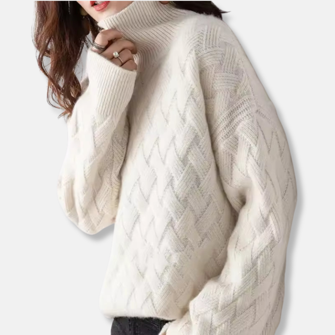 Women’s Pullover Sweater – Oversized Fit – Ribbed Turtleneck – Textured Wool Knit