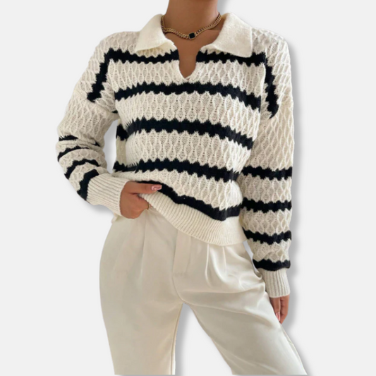 Women’s Pullover Sweater – Relaxed Fit – Polo Collar – Chunky Knit Striped Design