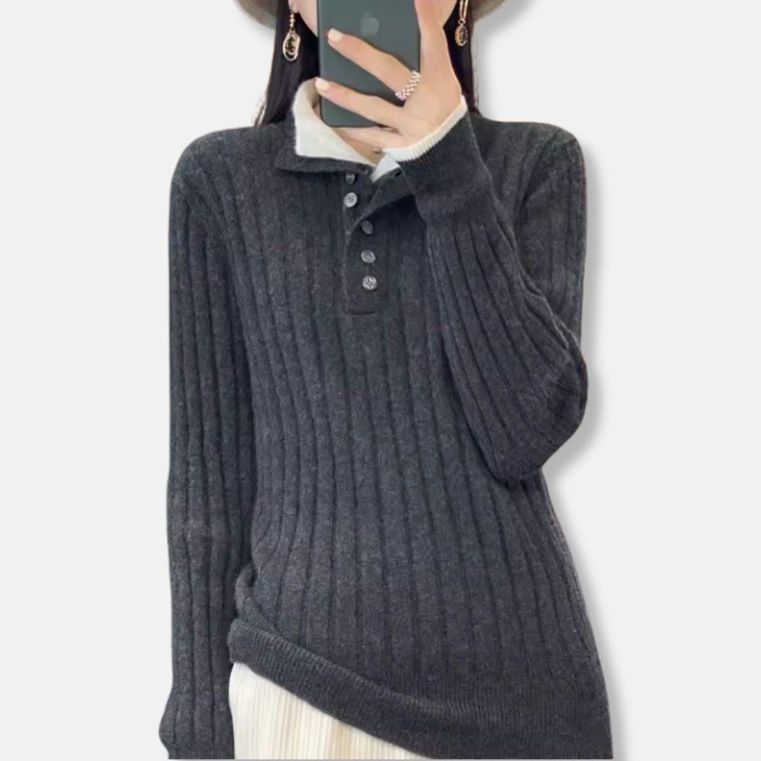 Women’s Pullover Sweater – Ribbed Knit – Shirt Collar – Button Placket – Relaxed Fit