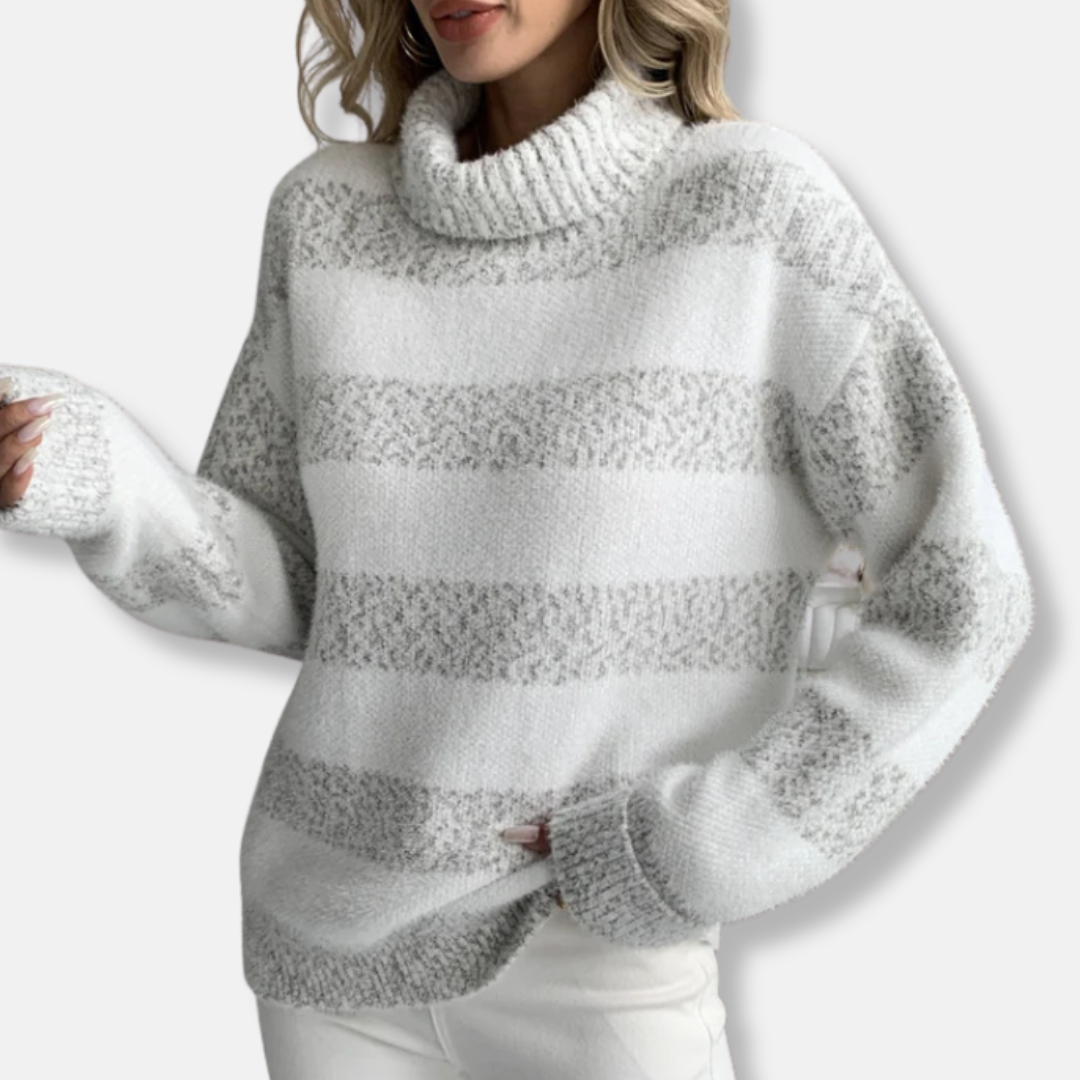 Women’s Pullover Sweatshirt – Loose Fit – Plush Knit – Ribbed Turtleneck – Striped Texture