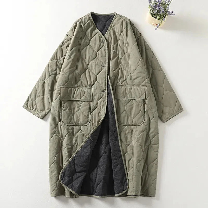 Women’s Quilted Coat – Oversized Relaxed Fit – Longline – V-Neck – Patch Pockets