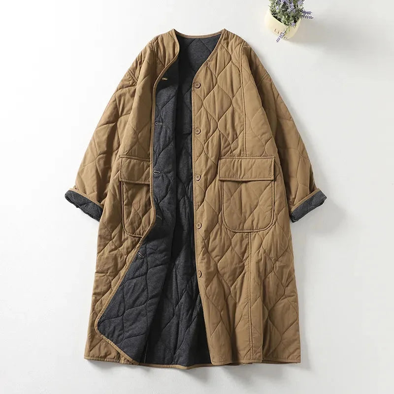Women’s Quilted Coat – Oversized Relaxed Fit – Longline – V-Neck – Patch Pockets