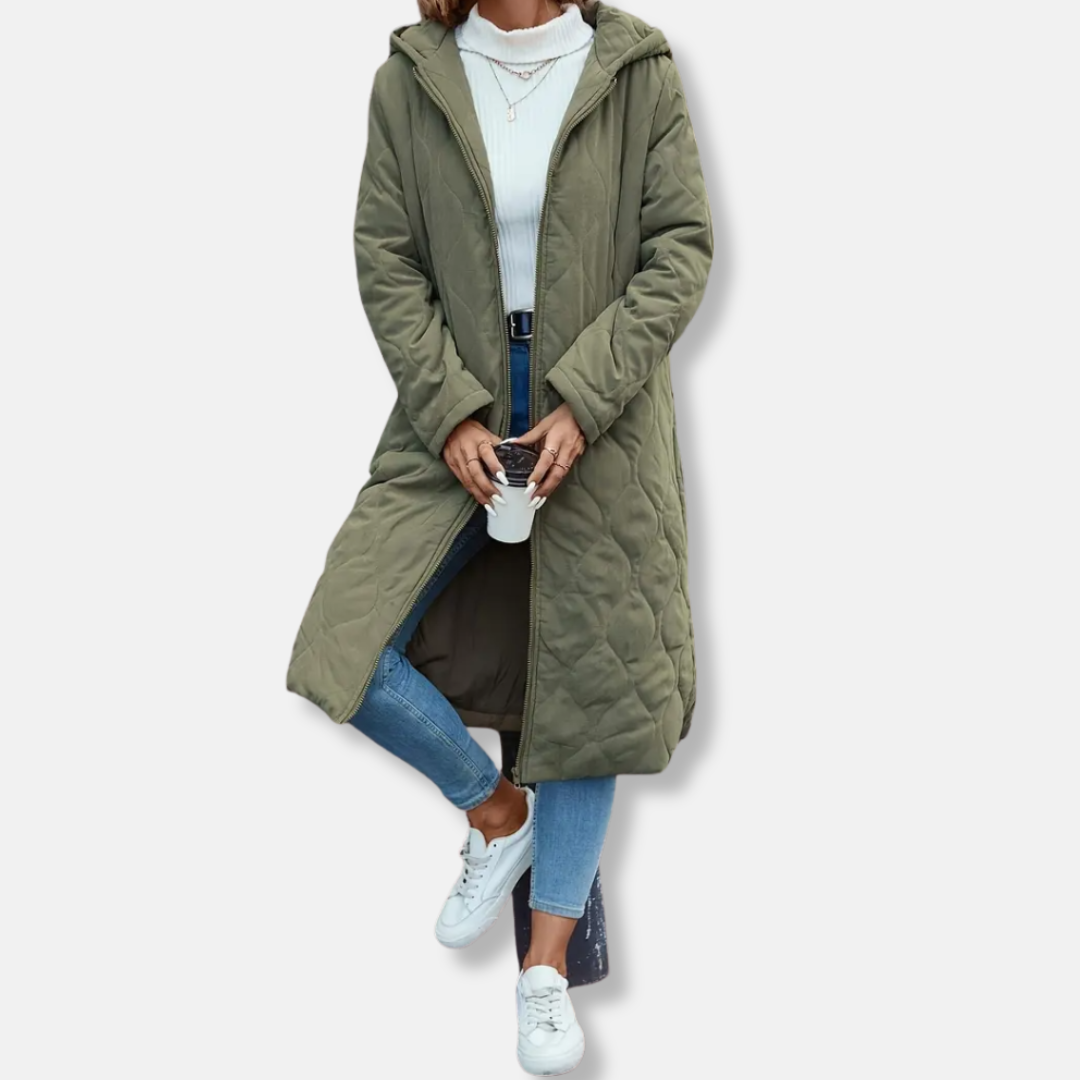 Women’s Quilted Coat – Relaxed Fit – Full Length – Hooded – Soft Padded Cotton Feel