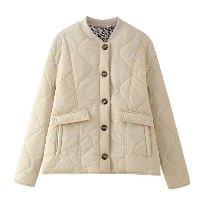 Women’s Quilted Jacket - Button Front - Leopard Cuffs - Casual Chic