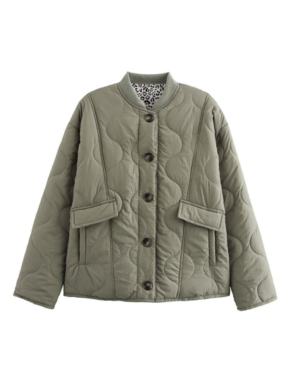 Women’s Quilted Jacket - Button Front - Leopard Cuffs - Casual Chic
