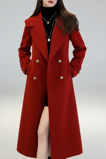 Women’s Red Double-Breasted Long Trench Coat – Elegant Winter Overcoat