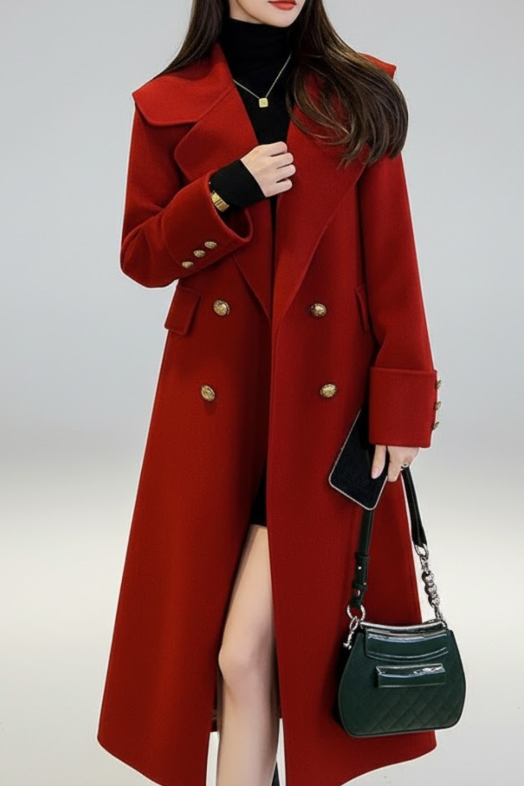 Women’s Red Double-Breasted Long Trench Coat – Elegant Winter Overcoat