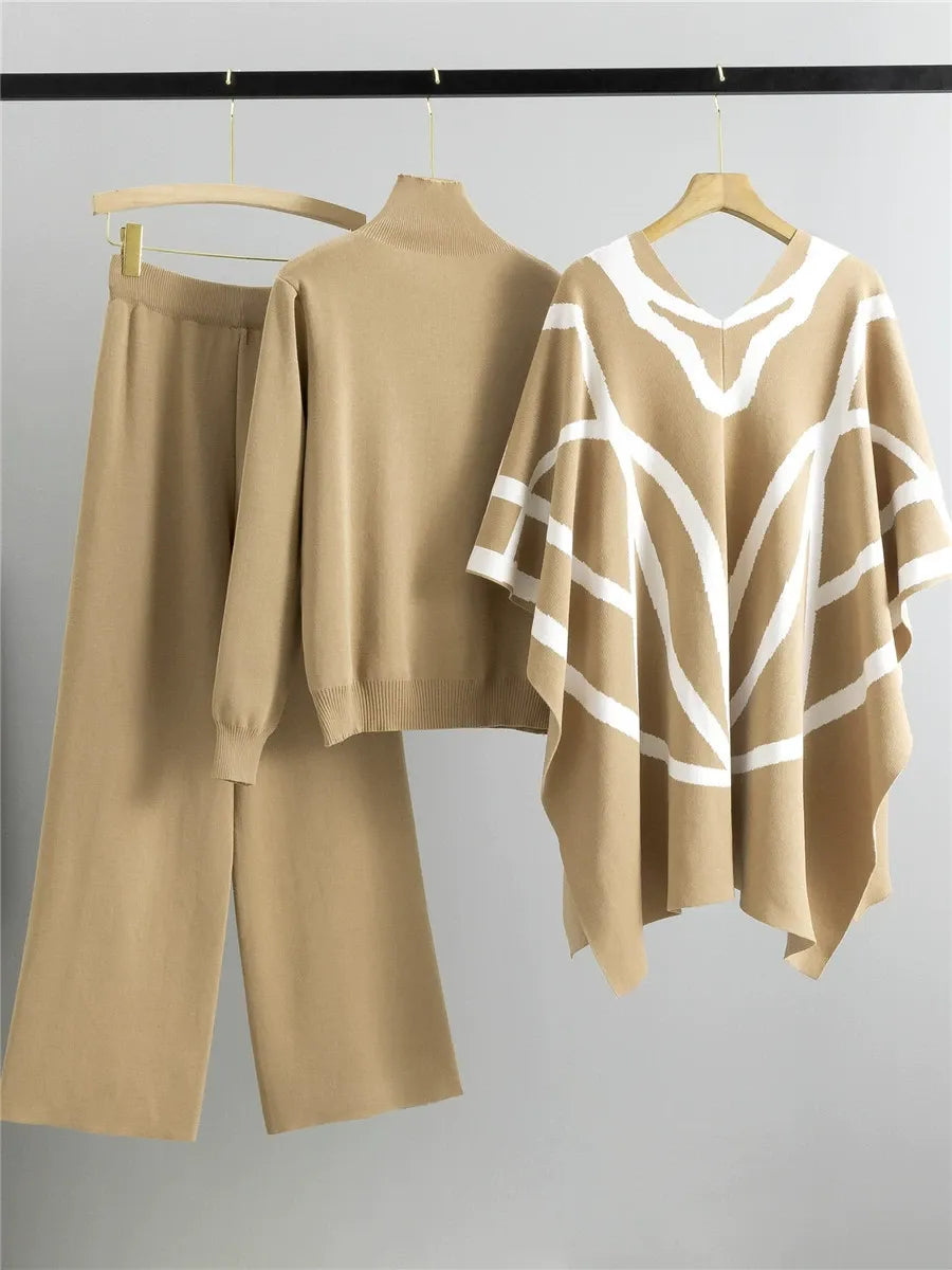 Women’s Shawl Cape – Knitted Geometric Pattern – Relaxed Fit – Draped Asymmetric Hem