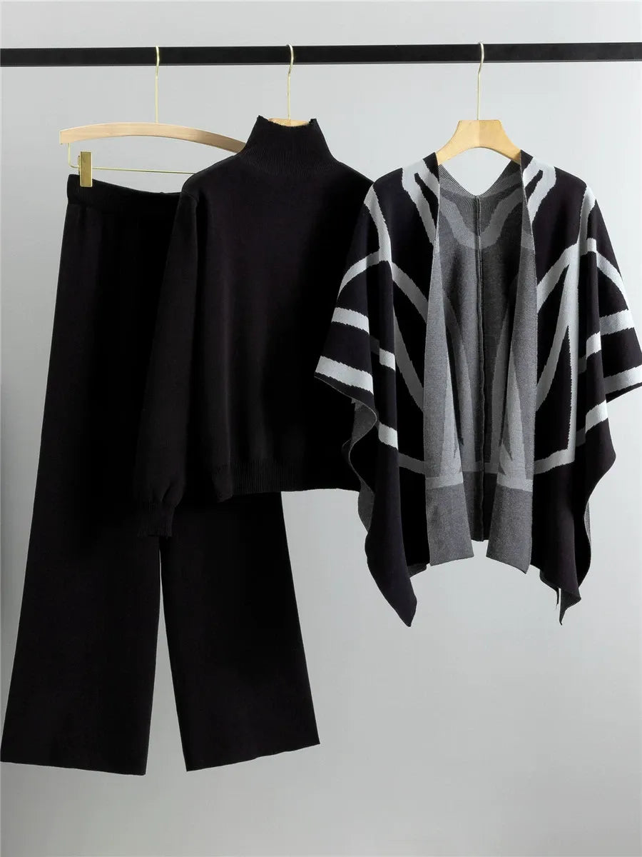 Women’s Shawl Cape – Knitted Geometric Pattern – Relaxed Fit – Draped Asymmetric Hem