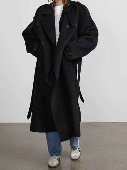 Women’s Trench Coat – Oversized Fit – Wool Feel – Double-Breasted – Belted Classic Style