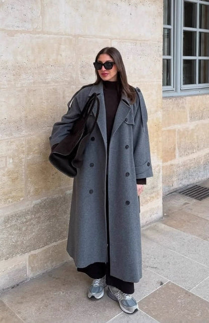 Women’s Trench Coat – Oversized Fit – Wool Feel – Double-Breasted – Belted Classic Style