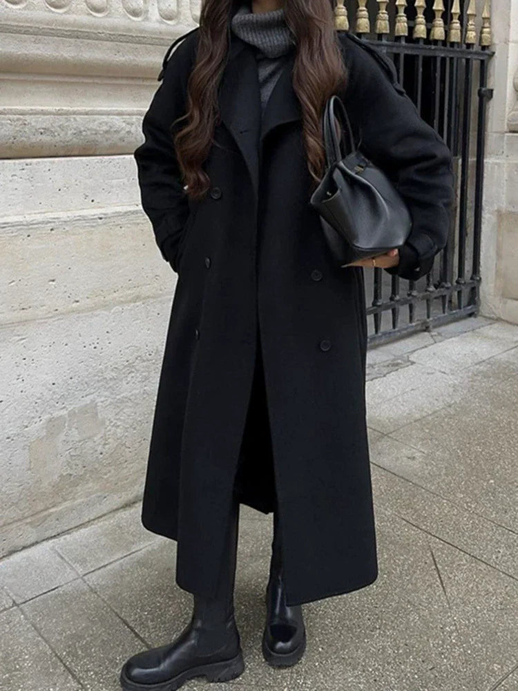 Women’s Trench Coat – Oversized Fit – Wool Feel – Double-Breasted – Belted Classic Style