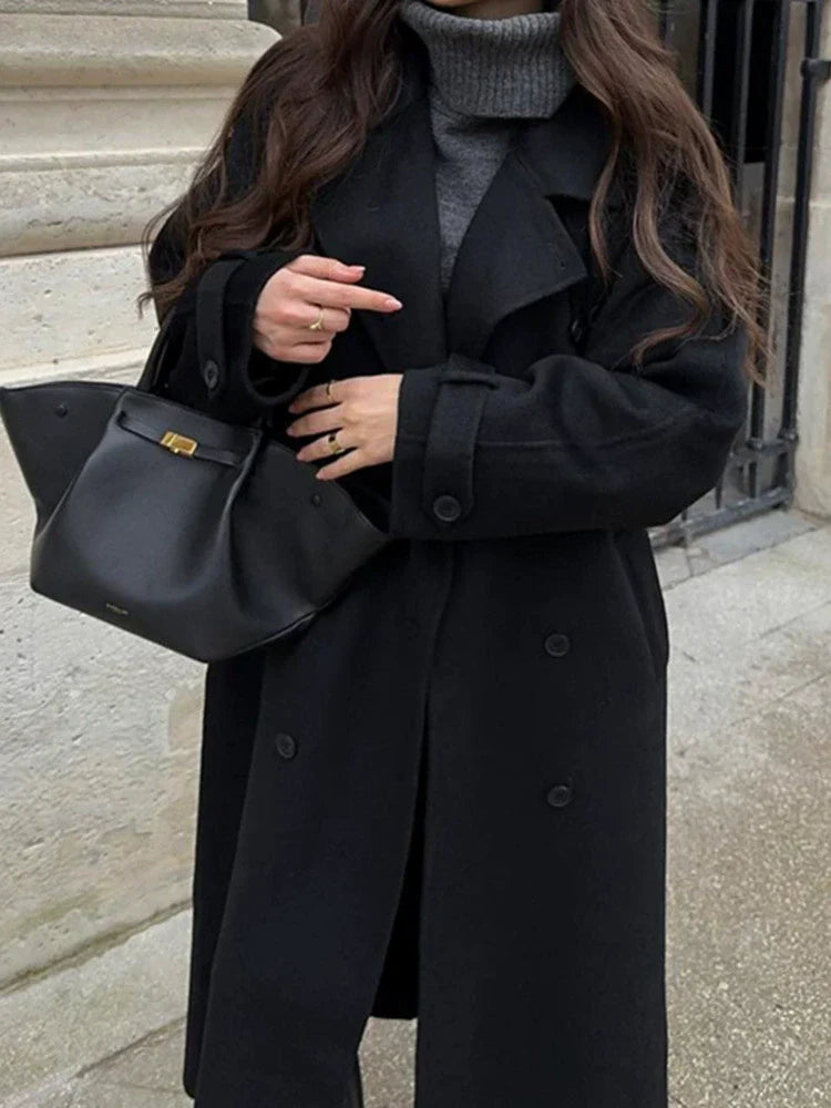 Women’s Trench Coat – Oversized Fit – Wool Feel – Double-Breasted – Belted Classic Style