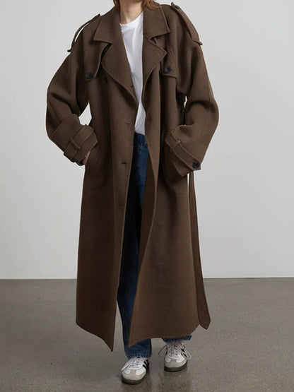 Women’s Trench Coat – Oversized Fit – Wool Feel – Double-Breasted – Belted Classic Style