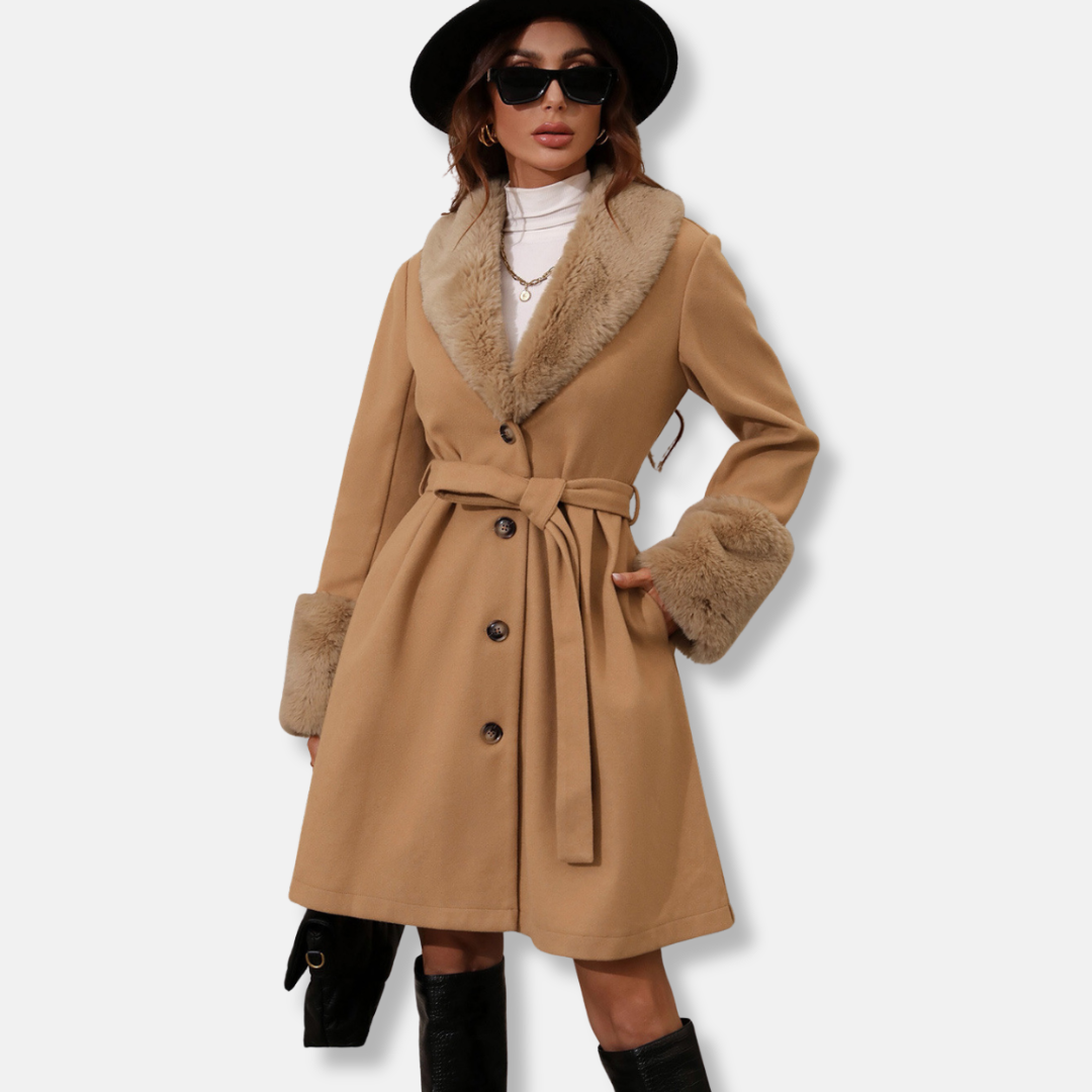 Women’s Trench Coat – Tailored Fit – Wool Blend – Faux Fur Collar & Cuffs – Belted