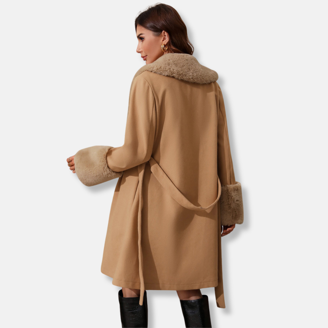 Women’s Trench Coat – Tailored Fit – Wool Blend – Faux Fur Collar & Cuffs – Belted