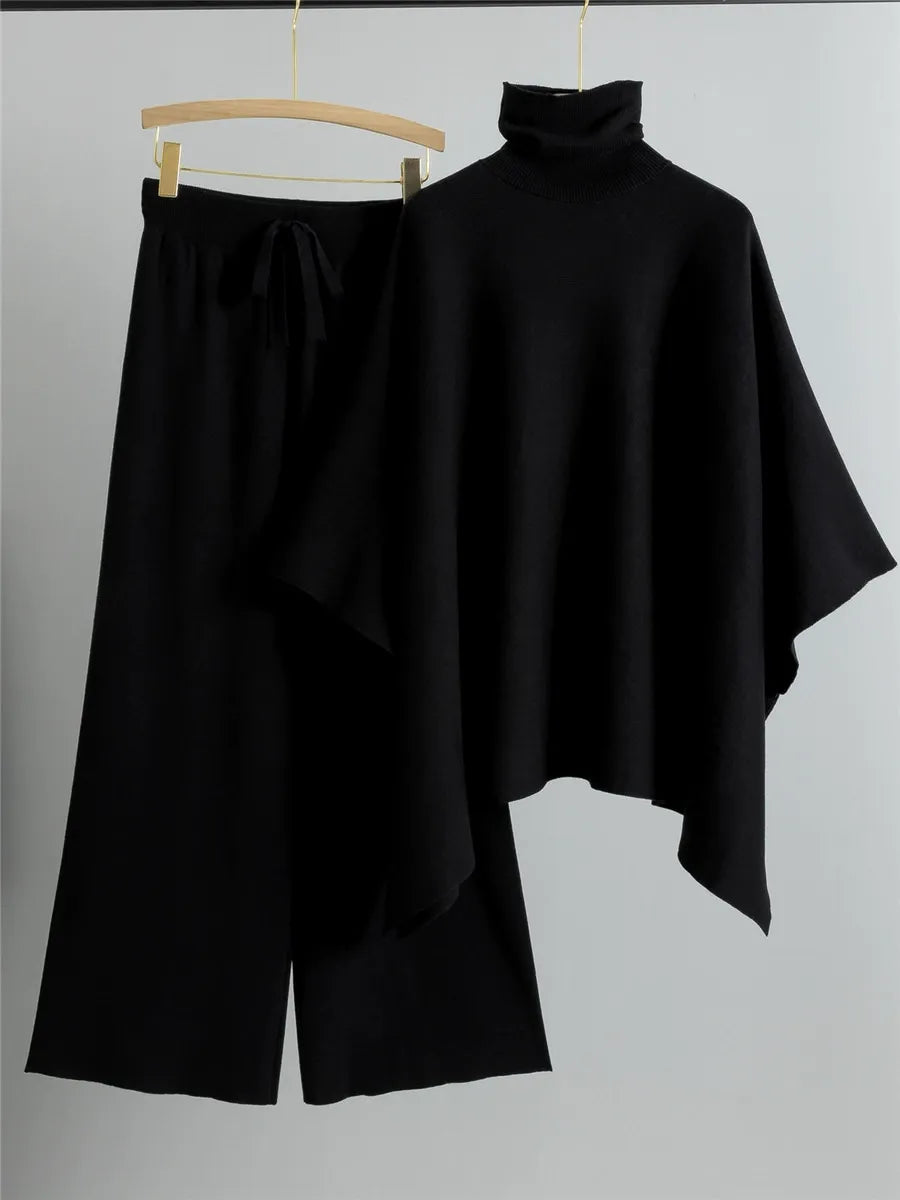 Women’s Two-Piece Knit Lounge Set – High Neck Cape Top – Wide-Leg Trousers – Relaxed Fit