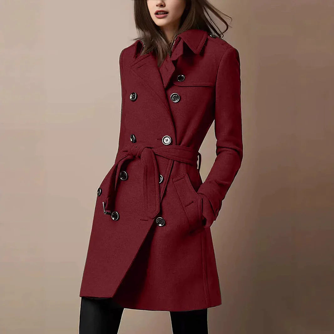 Women’s Wool Coat – Slim Fit – Double-Breasted – Belted Waist – Mid-Thigh Length