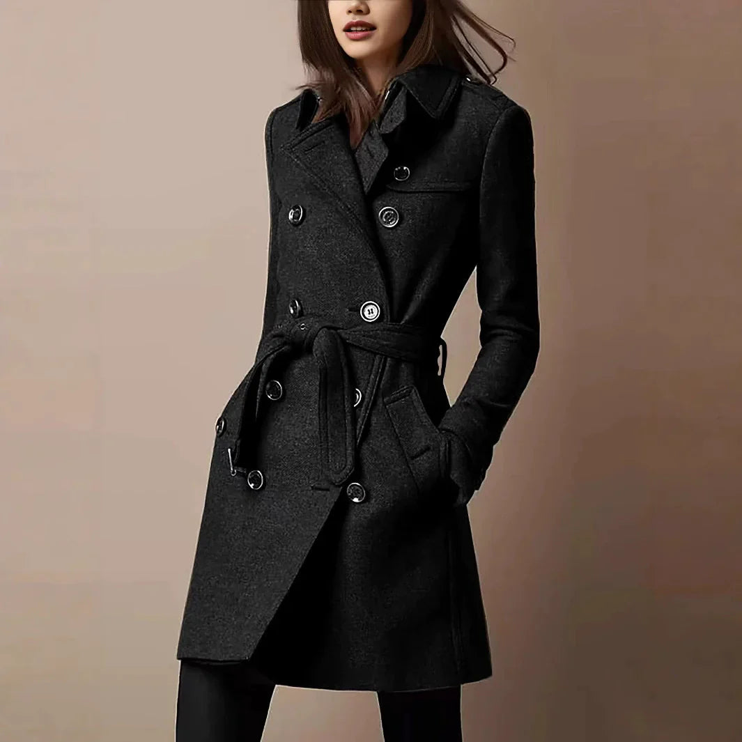 Women’s Wool Coat – Slim Fit – Double-Breasted – Belted Waist – Mid-Thigh Length