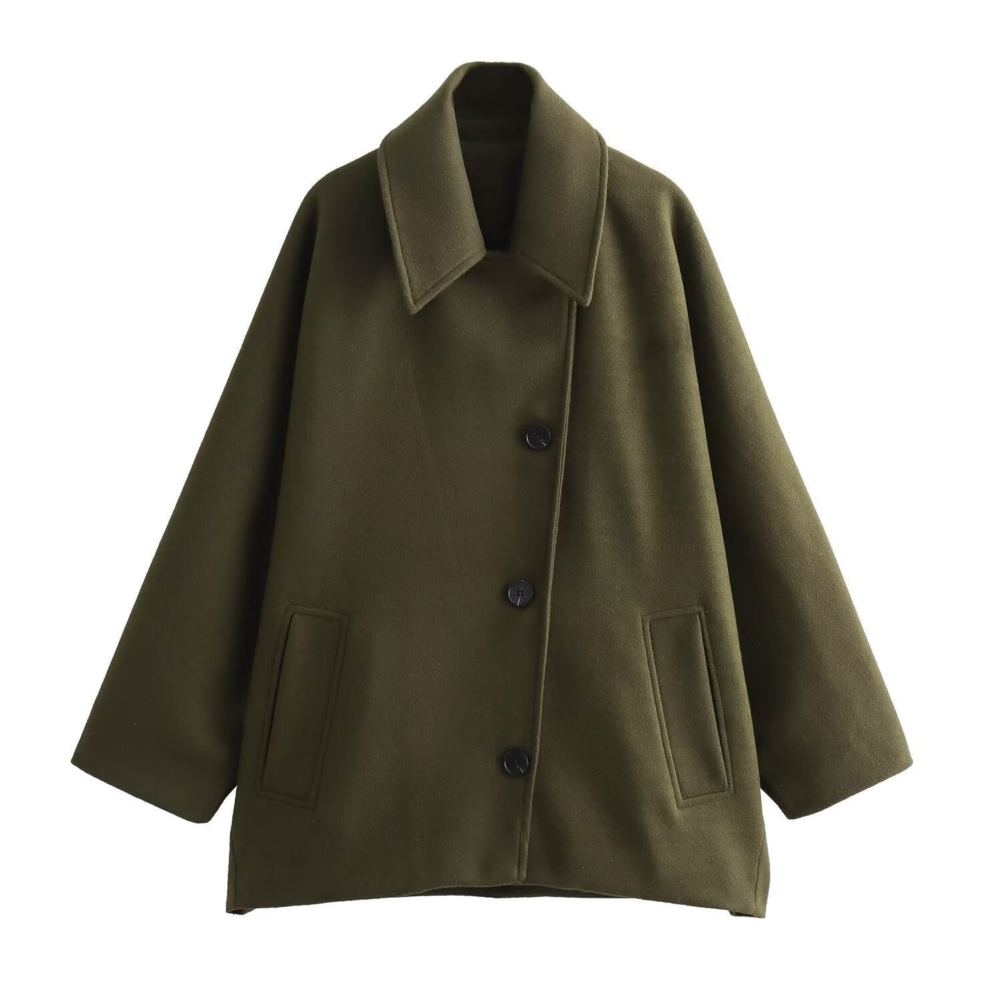 Women’s Wool Jacket – Oversized Fit – Wide Collar – Button Front – Mid Length