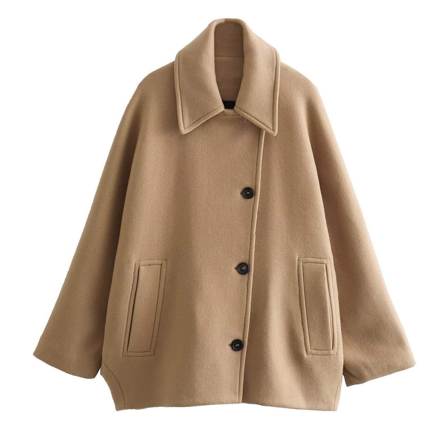 Women’s Wool Jacket – Oversized Fit – Wide Collar – Button Front – Mid Length