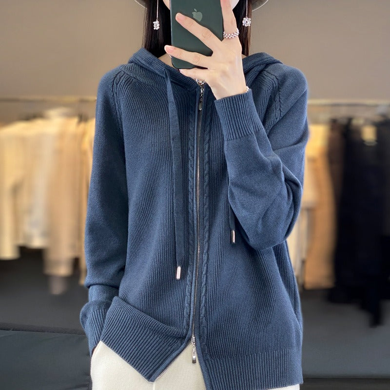 Women’s Zipper Hoodie – Relaxed Fit – Soft Knit – Cable Knit Detail – Drawstring Hood