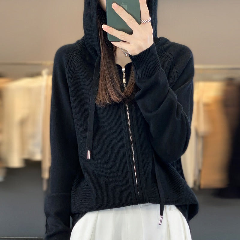 Women’s Zipper Hoodie – Relaxed Fit – Soft Knit – Cable Knit Detail – Drawstring Hood
