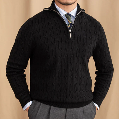 Yarn Blend Sweater - Cable Knit & Adjustable Collar