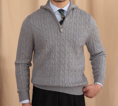 Yarn Blend Sweater - Cable Knit & Adjustable Collar