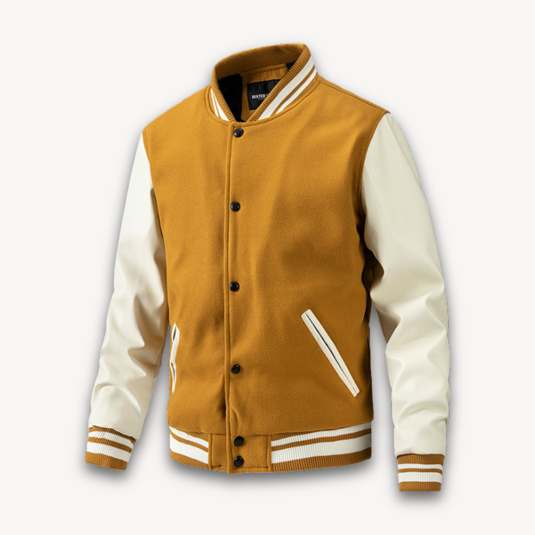 Men's Varsity Jacket - Wool Blend Body with Faux Leather Sleeves - Classic Letterman Style