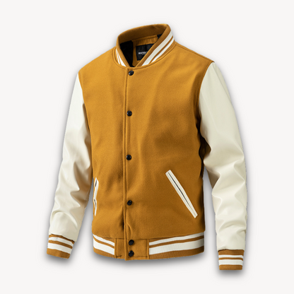 Men's Varsity Jacket - Wool Blend Body with Faux Leather Sleeves - Classic Letterman Style