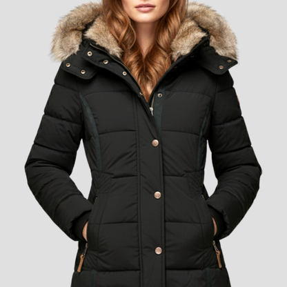 Women’s Quilted Puffer Coat with Faux Fur Hood