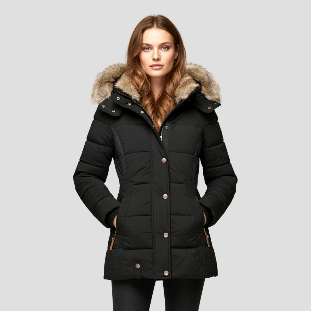 Women’s Quilted Puffer Coat with Faux Fur Hood