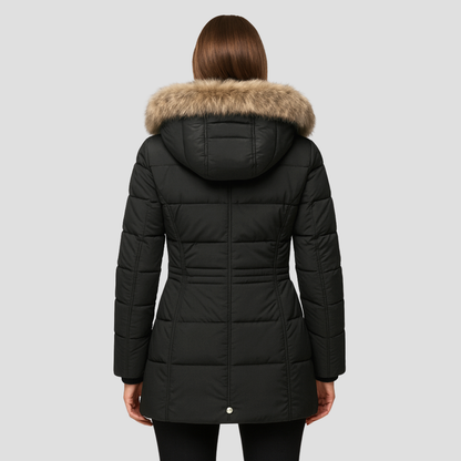 Women’s Quilted Puffer Coat with Faux Fur Hood