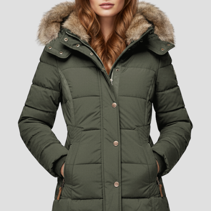 Women’s Quilted Puffer Coat with Faux Fur Hood