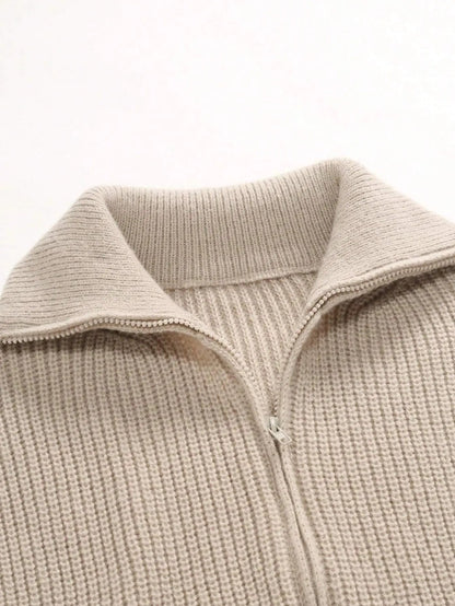 Zip Cardigan - Soft Blend Ribbed Panel And Two Way Zipper