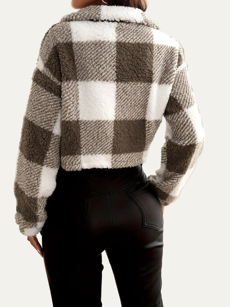 Women’s Cozy Cropped Fleece Plaid Jacket