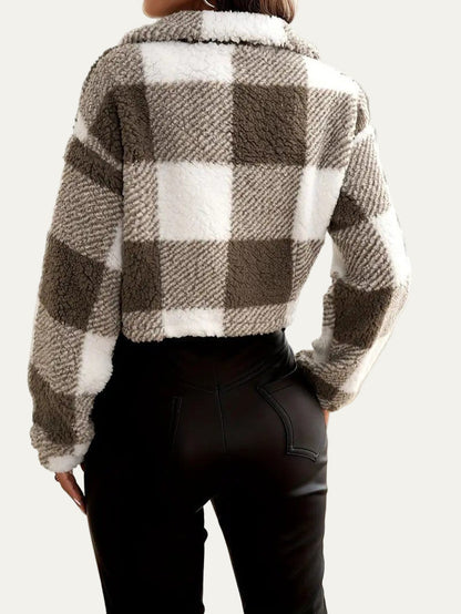 Women’s Cozy Cropped Fleece Plaid Jacket