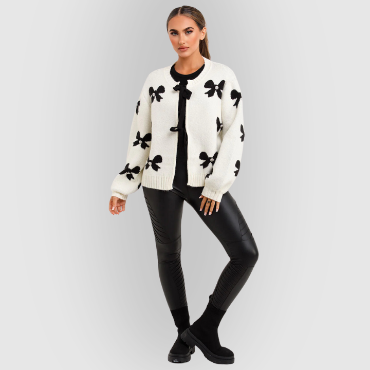 Cozy Ladies Knit Cardigan Sweater with Bow - BritishElegance