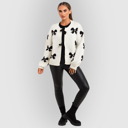 Cozy Ladies Knit Cardigan Sweater with Bow - BritishElegance