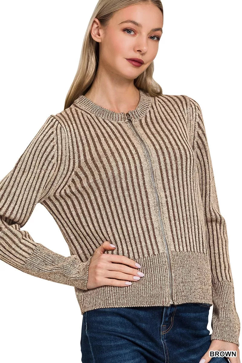 Textured Dual Color Zip Front Cardigan Sweater - BritishElegance