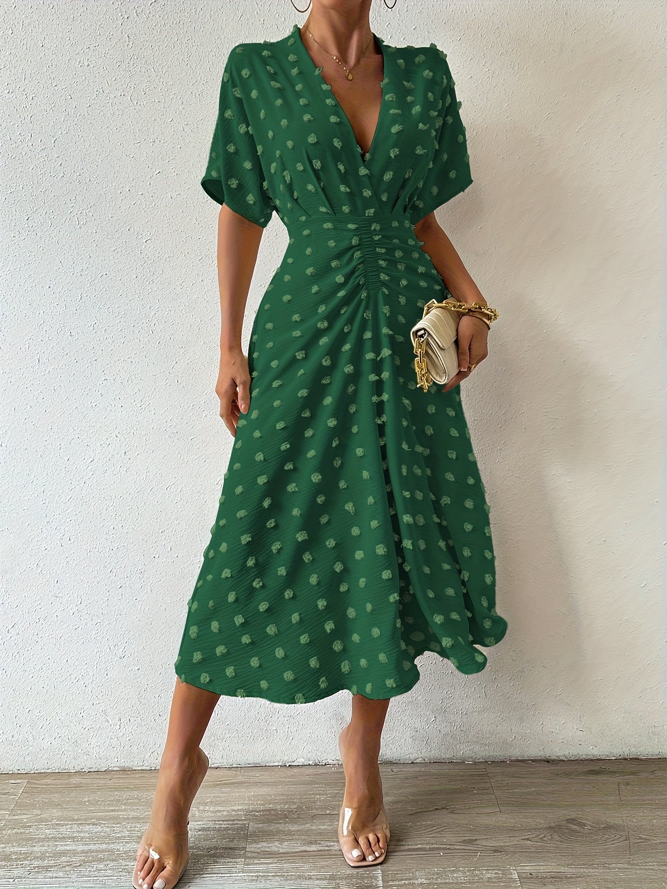 Elegant V Neck Short Sleeve Midi Evening Dress for Women