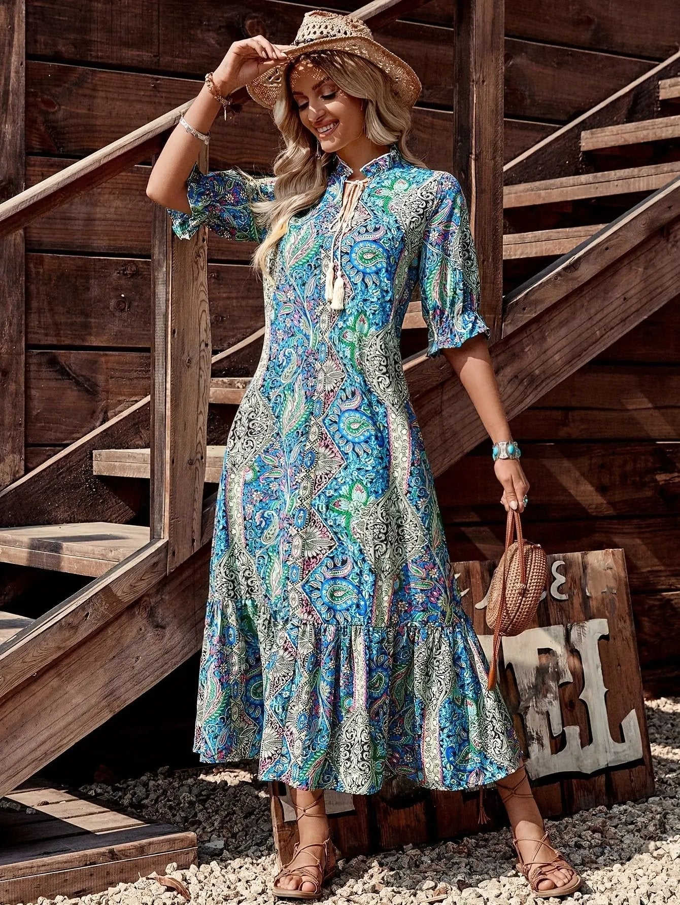 Western Boho Paisley Long Dress