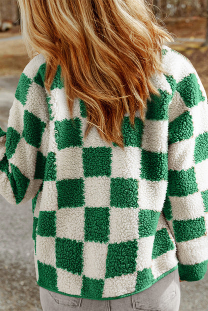 Checked sherpa jacket with press studs for women