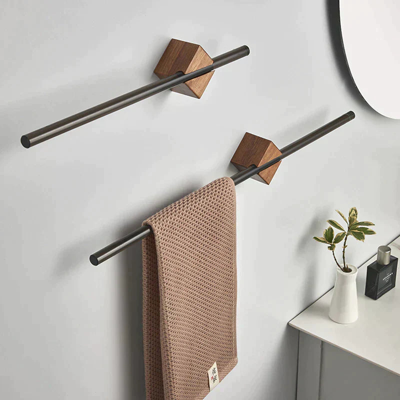 Rustic Wooden Bathroom Towel Rack In Chrome Steel - BritishElegance