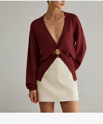 Women's Sweater - Deep V-Neck Cardigan - Gold Button - Elegant Fit