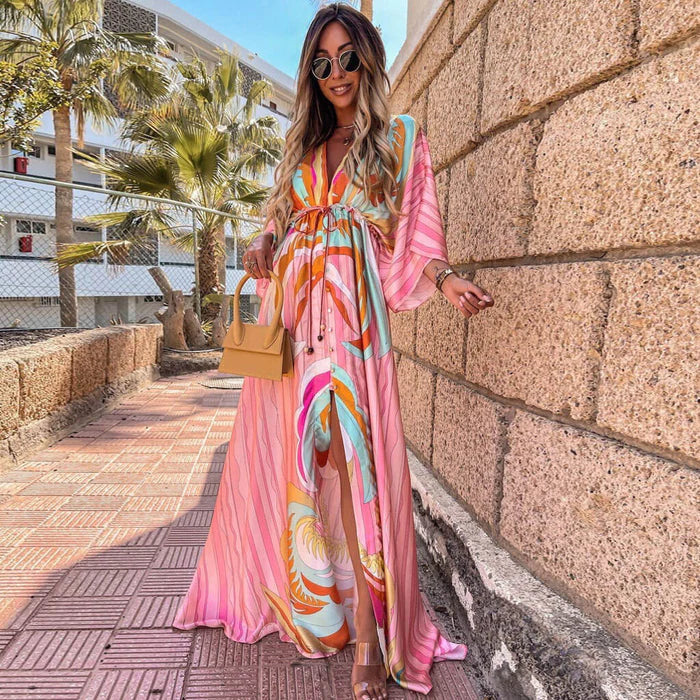 Vibrant Long Sleeve Graphic Maxi Dress - BritishElegance