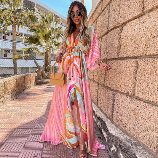 Vibrant Long Sleeve Graphic Maxi Dress - BritishElegance